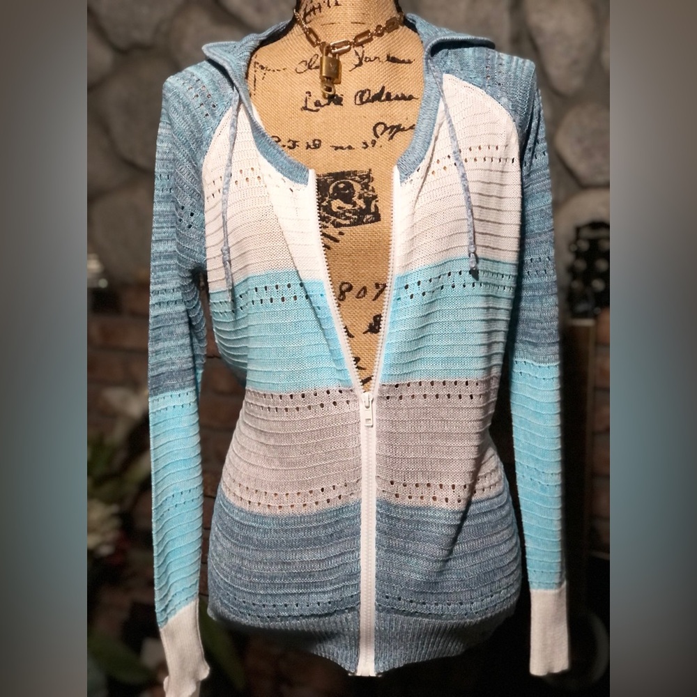 BTFBM Blue & White Zip Up Hooded Sweater NWOT! - Picture 8 of 9